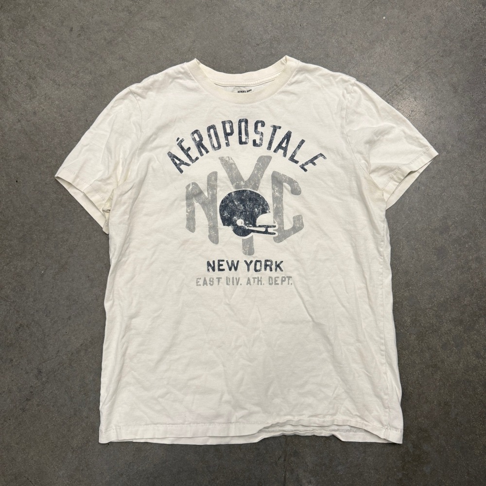 Aeropostale NYC Graphic T-Shirt Mens XL Cream Football Helmet Short Sleeve Tee